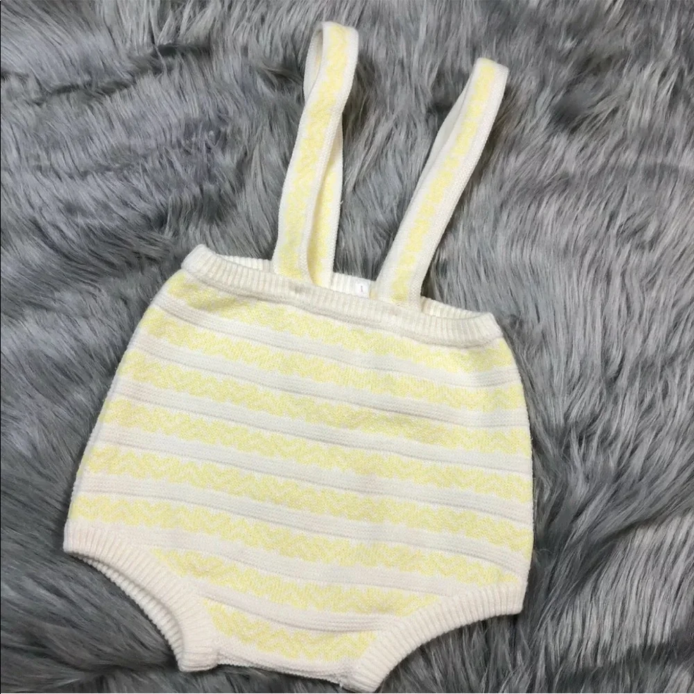 Vintage Baby Yellow White Knit Suspender Romper One Piece